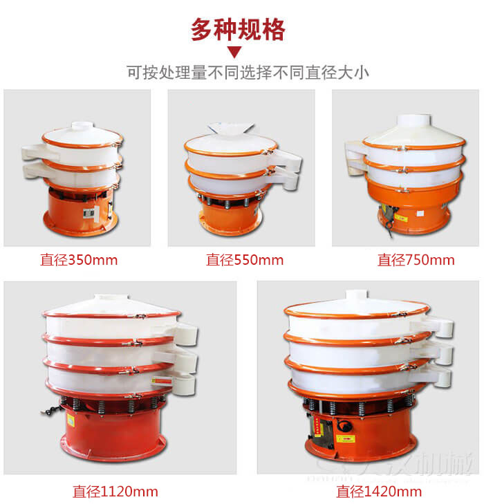 塑料振動篩不同篩分直徑進行展示：350，550，750，1120，1420等。