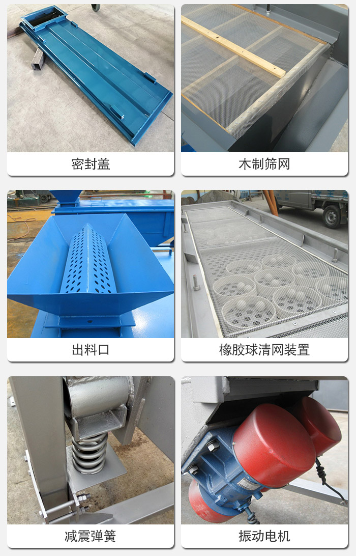 直線篩分機的結構展示圖:篩箱是物料主要篩分設備之一,篩網用于篩分物料,振動電機幫助篩網篩分。
